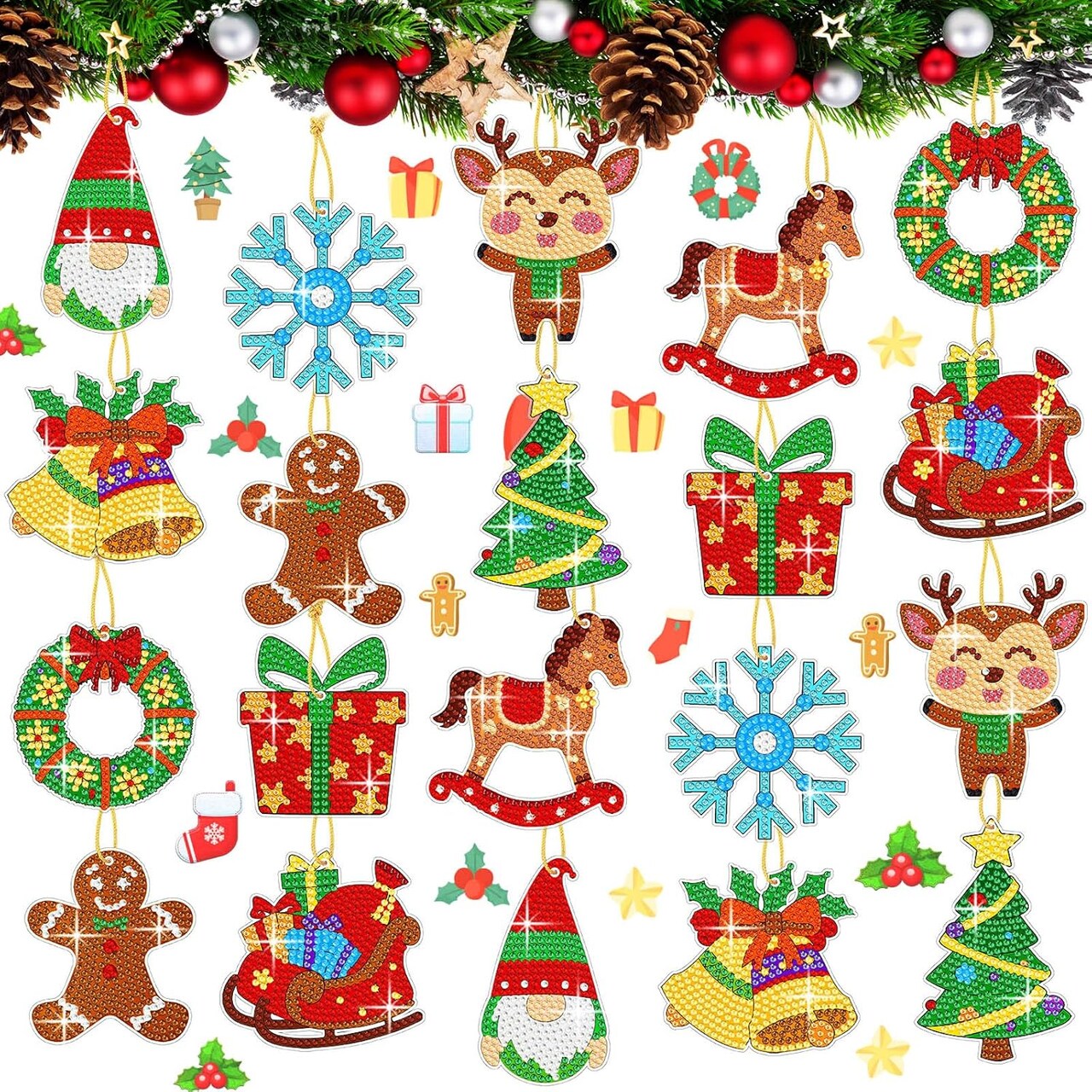 20 Pcs Christmas Diamond Art Ornaments 5d Winter Diamond Painting Tree Decorations Grin Has Xmas Hanging Rhinestones Art Kits for Adults Beginners DIY Crafts(Classic)